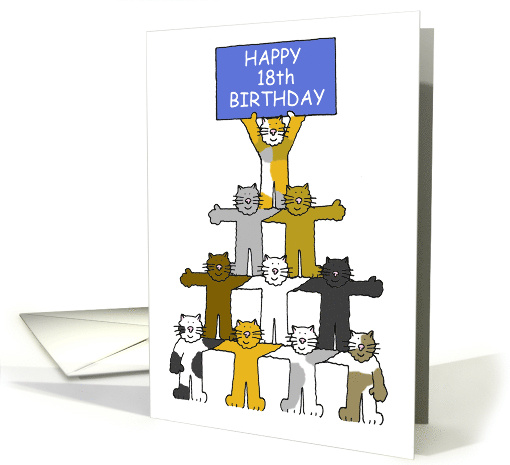 Happy 18th Birthday Cartoon Kittens Holding Up a Blue Banner card