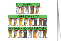 Happy Christmas to Dad and His Partner Cartoon Cats in Santa Hats card