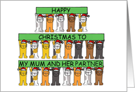 Happy Christmas to Mum and Her Partner Cartoon Cats in Santa Hats card