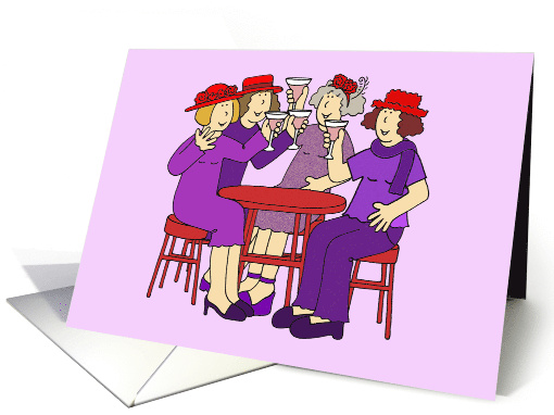 Ladies Wearing Red Hats and Purple Outfits Drinking Cocktails card