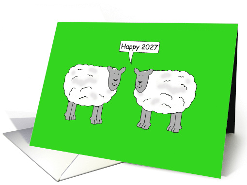 Happy Year of the Sheep 2027 Talking Cartoon Sheep in a Field card