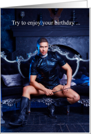 Sexy Gay Male Birthday Young Man with Whip Boots & PVC Outfit card