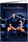 Sexy Gay Male Birthday Young Man with Whip Boots & PVC Outfit card