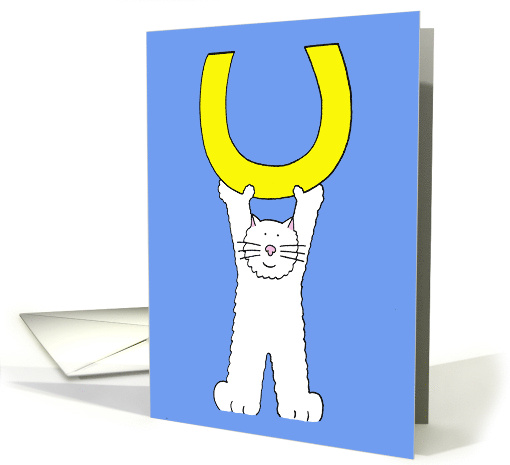 Good Luck White Cartoon Cat Holding a Golden Horseshoe card (1233740)