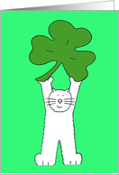 Cartoon White Cat Holding a Shamrock St. Patrick’s Day Birthday card