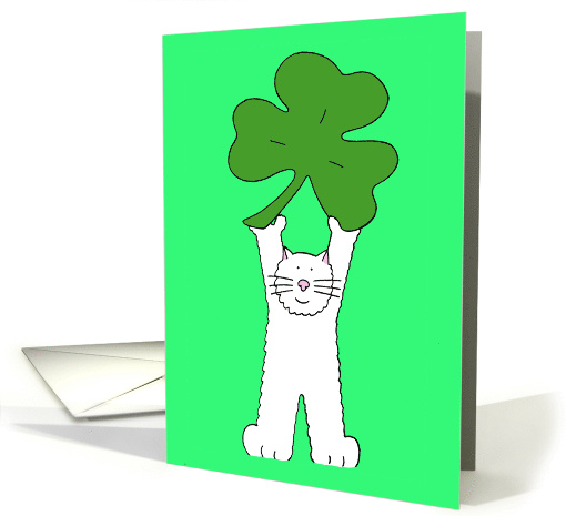 St. Patrick's Day Cartoon White Cat Holding a Giant Shamrock card