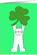 St Patrick’s Day Cartoon White Cat Holding a Giant Shamrock card