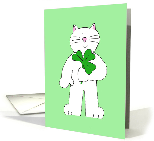 Happy St. Patrick's Day Cute Cartoon Cat Holding Up a Shamrock card