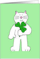 Happy St. Patrick’s Day Cute Cartoon Cat Holding Up a Shamrock card