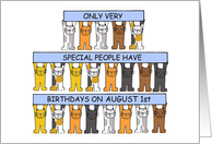 August 1st Birthda, Leo Cute Cartoon Cats Holding Up Banners. card