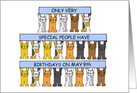 May 9th Birthday Cute Cartoon Cats Holding Up Banners card