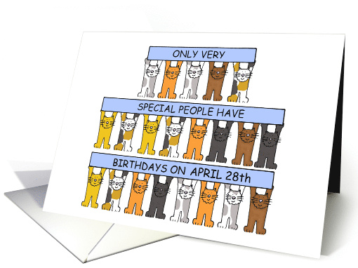 April 28th Birthday Cute Cartoon Cats Holding Banners card (1243022)