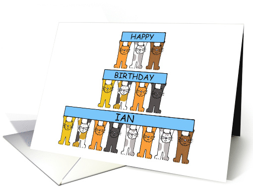 Happy Birthday Ian, Cartoon Cats Holding Banners. card (1256340)