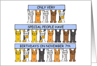 7th November Birthday Cute Cartoon Cats Holding Up Banners card