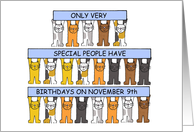 9th November Birthday Cute Cartoon Cats Holding Banners card
