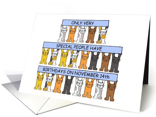 November 14th Birthday Cartoon Cats Standing Holding Banners card