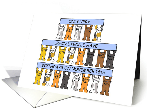 16th November Birthday Cartoon Cats Holding Up Banners card (1268988)