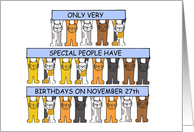 27th November Birthday Cartoon Cats Holding Up Banners card