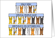 10th October Birthday Cute Cartoon Cats Standing Holding Banners card