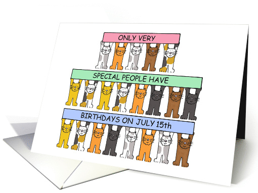 July 15th Birthday Cartoon Cats Holding Up Banners card (1271208)