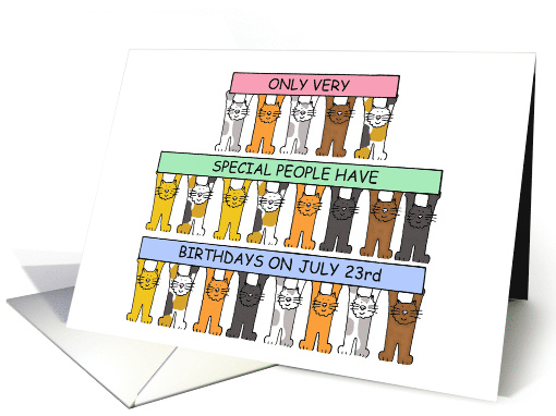 July 23rd Birthday Leo Cute Cartoon Cats Holding Up Banners card