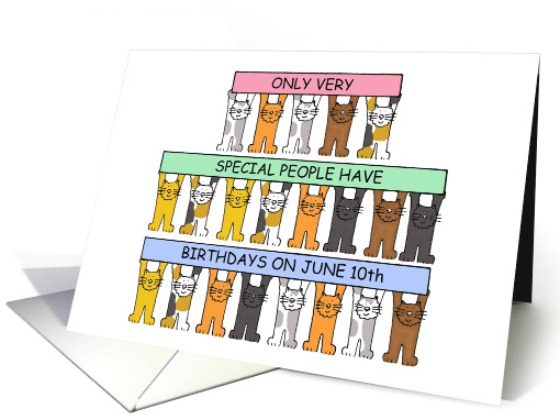 June 10th Birthday Cute Cartoon Cats Holding Up Banners card (1274780)
