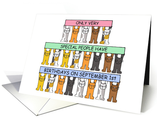 September 1st Birthday Cute Cartoon Cats Holding Up Banners card