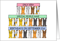 September 21st Birthday Cartoon Cats Standing Holding Banners card