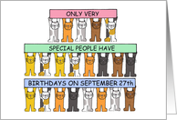 September 27th Birthday Cartoon Cats Holding Banners card