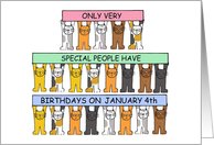 January 4th Birthday, Cute Cartoon Cats with Banners. card