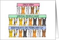 February 1st Birthday Cute Cartoon Cats Holding Up Banners card