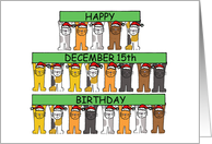 December 15th Birthday Cartoon Cats Holding Up Banners card