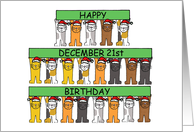 December 21st Birthday Cartoon Cats Holding Up Banners card