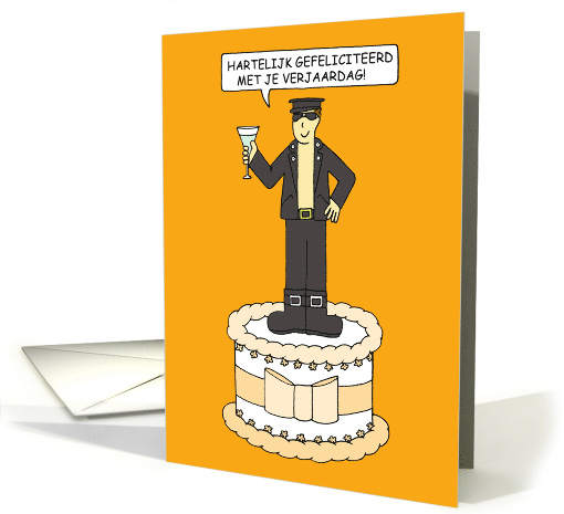 Dutch Gay Male Birthday Cartoon Humor Man in Leather on a Cake card