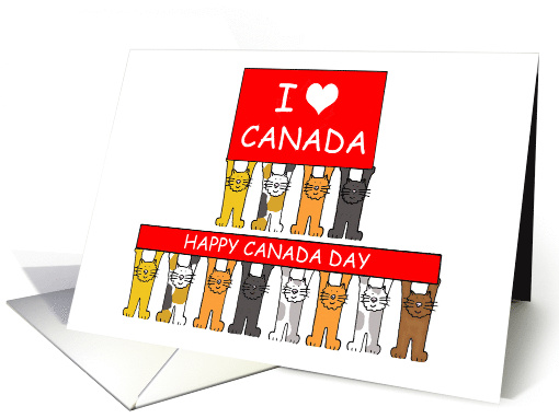 Happy Canada Day Cartoon Cats Holding I love Canada Flag July 1st card