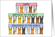 Happy Birthday Girlfriend Cute Cartoon Cats Holding Up Banners card