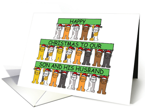 Happy Christmas to Our Son and His Husband Cartoon Cats in Hats card