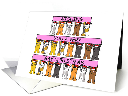 Wishing you a Very Gay Christmas Cartoon Cats Wearing Santa Hats card