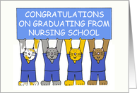 Nursing School Graduate Congratulations Cartoon Cats in Scrubs card