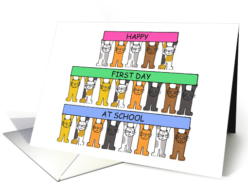 Happy First Day at School Cartoon Cats Holding Up Banners card