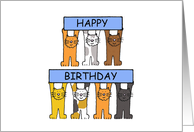Happy Birthday for Cat Lover Cartoon Cats Holding Blue Banners card