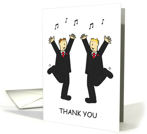 Thank You from Male Couple Two Cartoon Grooms in Suits Dancing card