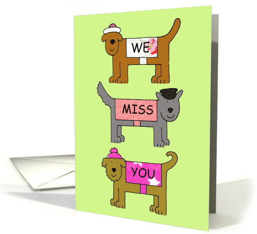 We Miss You Written on the Coats of Three Cute Cartoon Dogs card