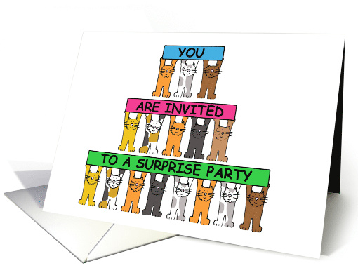 Surprise Party Invitation Cartoon Cats Holding Up Banners card