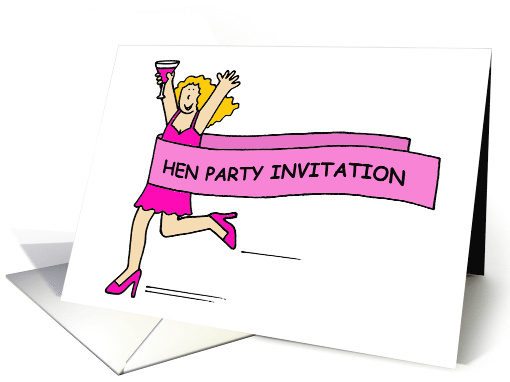 Hen Party Invitation Cartoon Lady in Pink Running with a Cocktail card