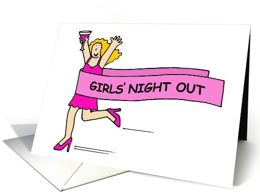 Girls Night Out Cartoon Lady in Pink Running with a Cocktail card