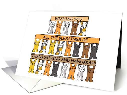 Happy Thanksgiving and Hanukkah Cartoon Cats Holding Banners Up card