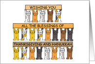 Happy Thanksgiving and Hanukkah Cartoon Cats Holding Banners Up card