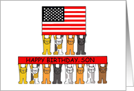Patriotic Happy Birthday Son American Flag and Cartoon Cats card