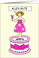 Alles Gute Happy Birthday in German Cartoon Lady Standing on a Cake card